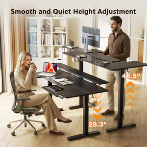 U Shaped Electric Standing Desk with Keyboard Tray, 63 Inch Height Adjustable Desk with Power Outlets & LED Lights, Sit Stand Table with Monitor Stand for Home, Office, Black