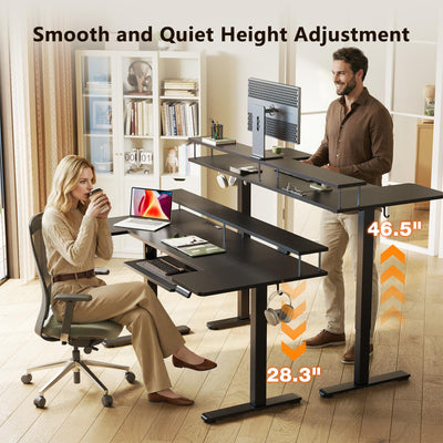 U Shaped Electric Standing Desk with Keyboard Tray, 63 Inch Height Adjustable Desk with Power Outlets & LED Lights, Sit Stand Table with Monitor Stand for Home, Office, Black