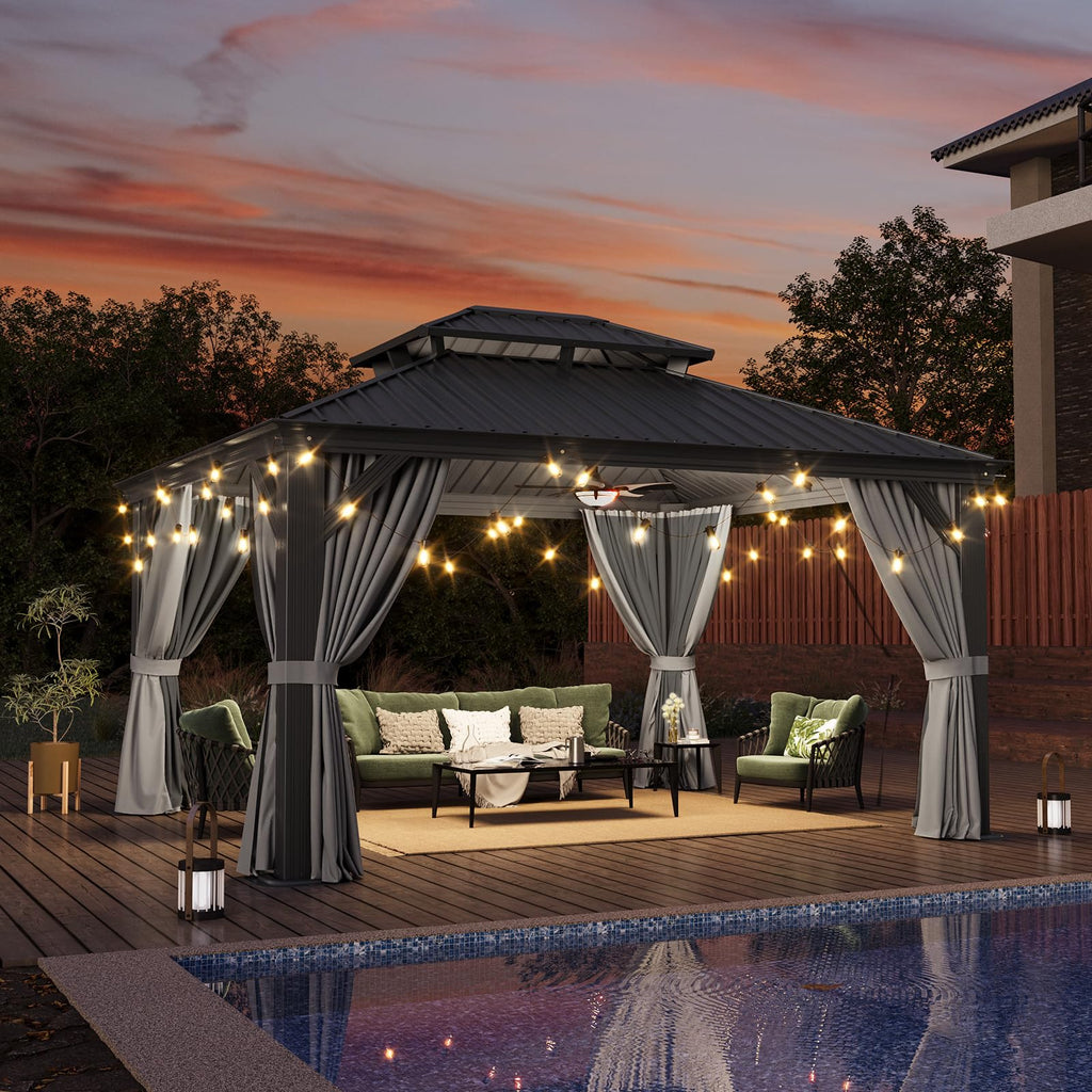 12' X 14' Hardtop Gazebo with Drainage System, Aluminum Outdoor Gazebo with Galvanized Steel Double Roof, Patio Permanent Metal Pavilion with Curtain and Netting, for Backyard, Deck, Grey