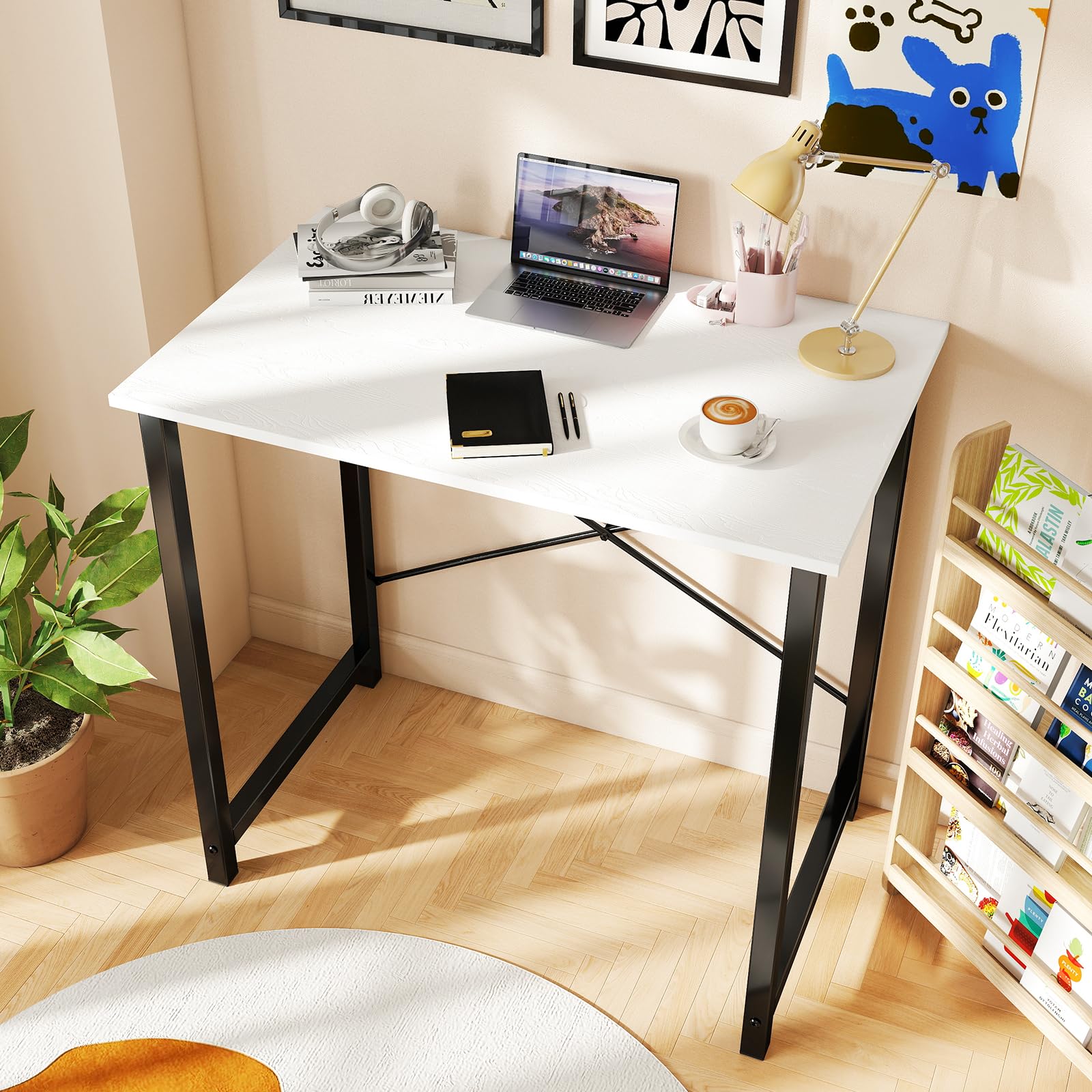 32 Inch Small Computer Desk for Home Office, Modern Study Work Table Simple Style for Bedroom, Writing Desks with X-Shaped ReInchforcement, Black
