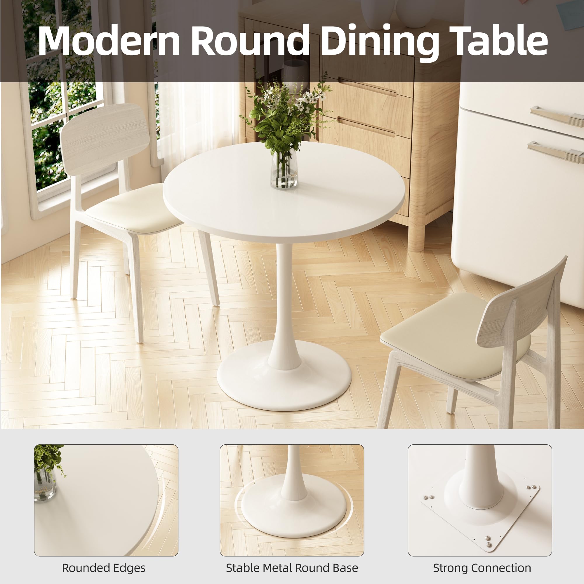 Round Dining Table 30" Circle Tulip Table with Wood Thickened Tabletop & Sturdy Metal Pedestal Mid Century Modern Leisure Bistro Kitchen Tables 4 People Small Places Living Room Cafe,White