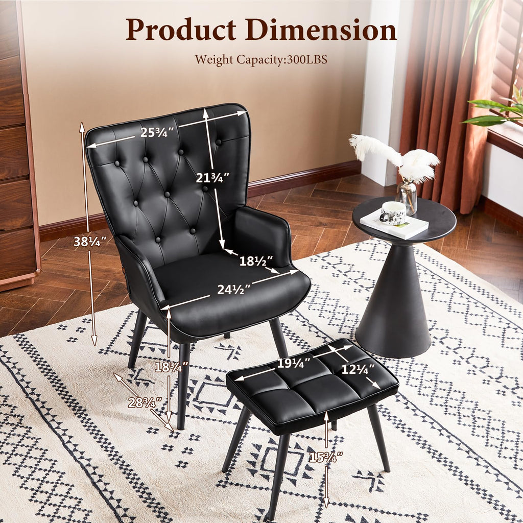 PU Leather Accent Chair with Ottoman, Upholstered Reading Chair with High Backrest, Tufted-Button Wingback Armchair for Bedroom, Dressing Room, Home Office, Black