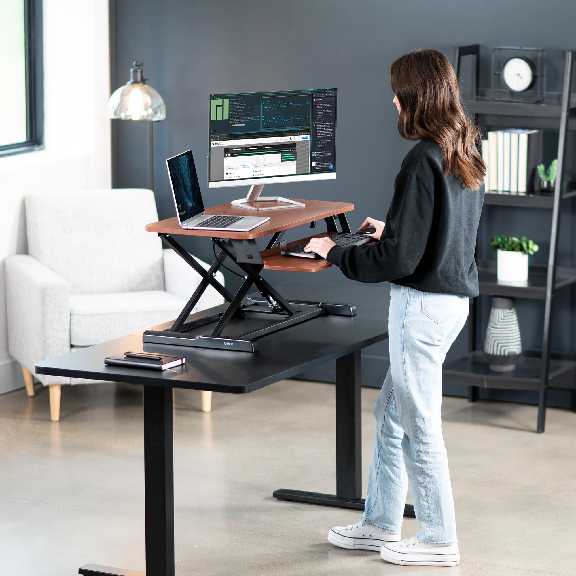 32 inch Desk Converter, K Series, Height Adjustable Sit to Stand Riser, Dual Monitor and Laptop Workstation with Wide Keyboard Tray, Dark Walnut Top, Black Frame, DESK-V000KA