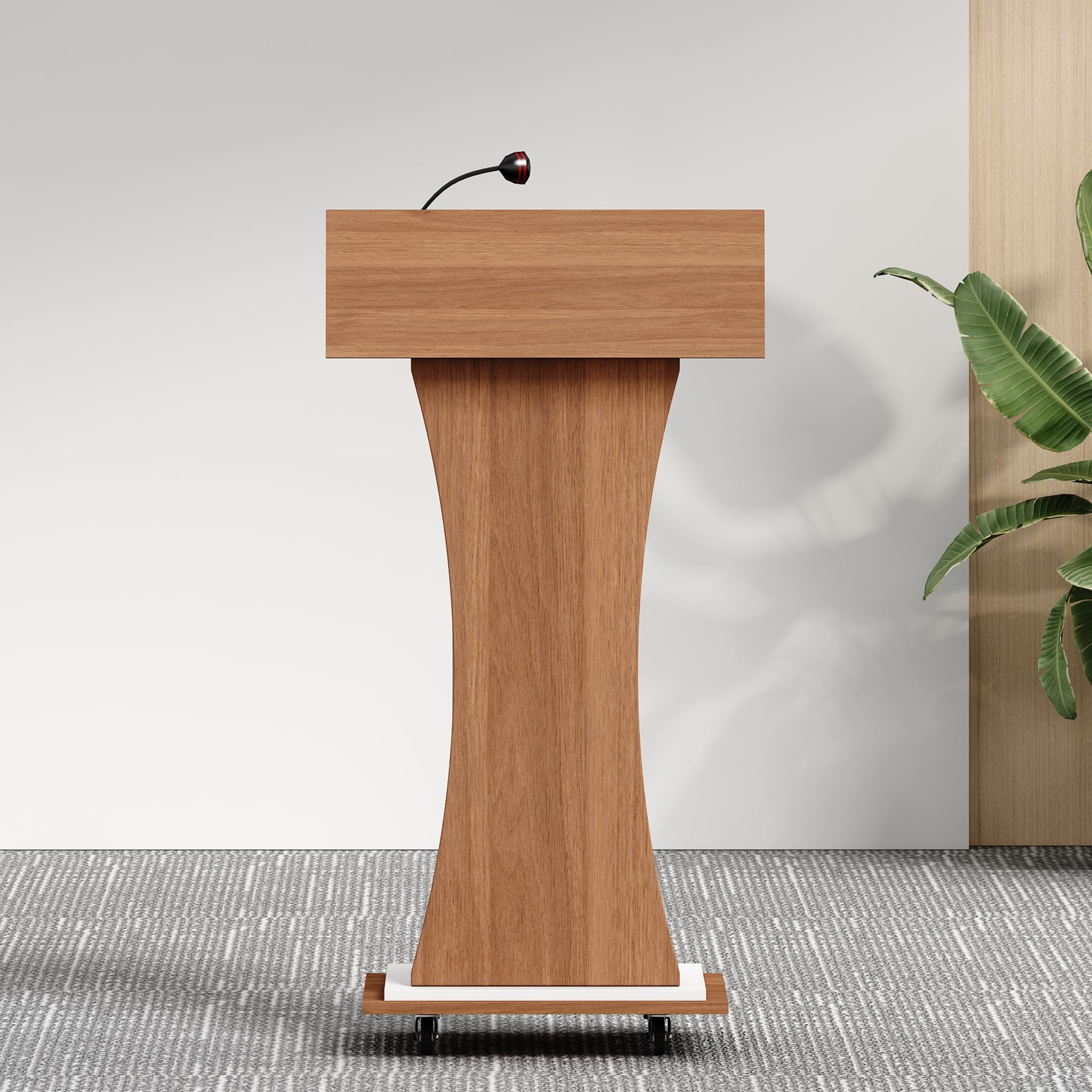 Mobile Wooden Podium Stand with Lockable Wheels Modern Presentation Blockboard Lectern Black Walnut Color with Storage Shelves for Office, Church, Classroom, Conference Room