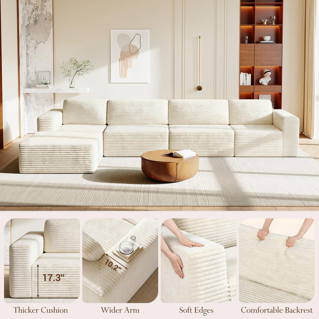 159" Large Modular Sectional Sofa, L-Shaped Corduroy Cloud Couch with Deep Seats & Spring Support, 4-Seater Boneless Sofa with Movable Ottoman, No Assembly Needed, Beige