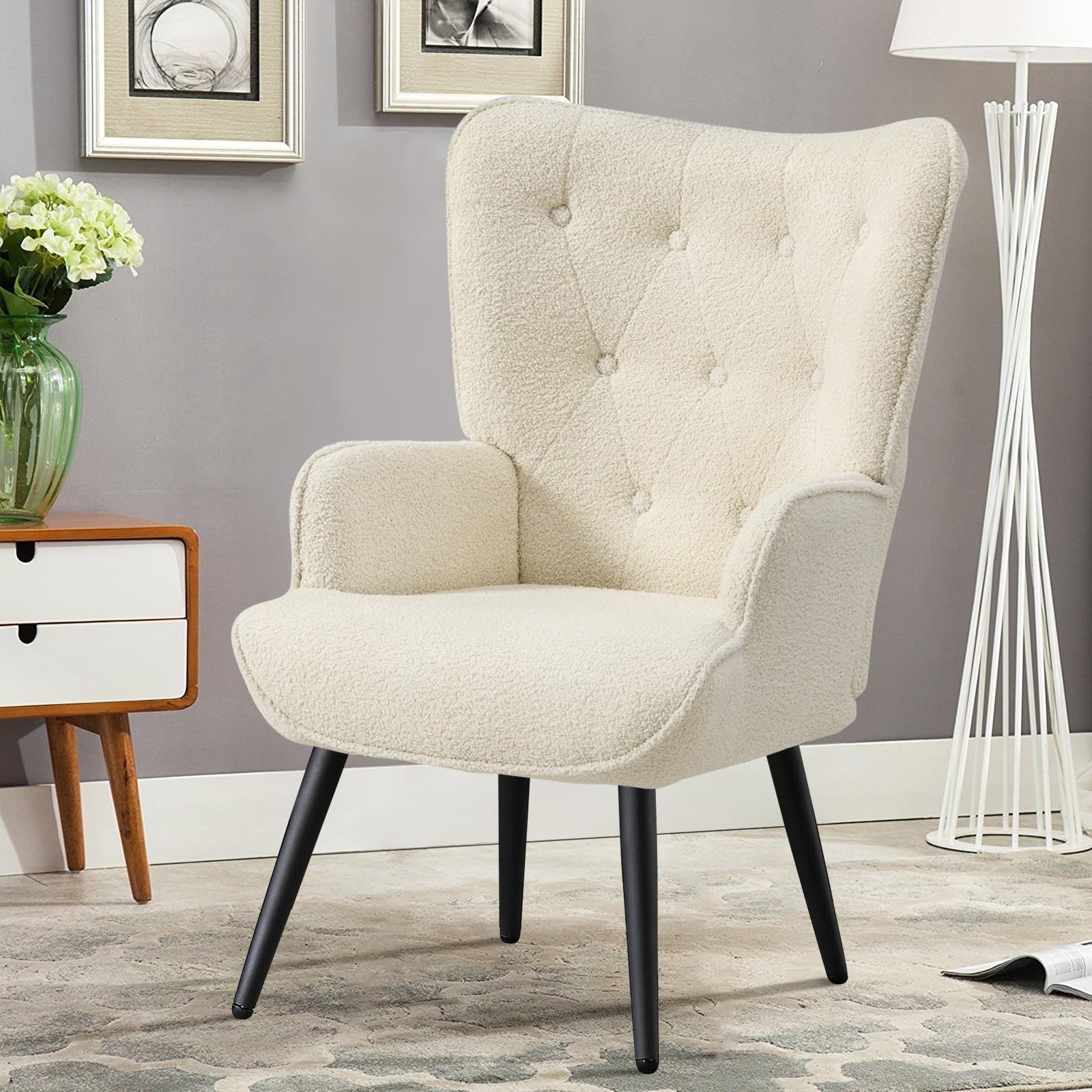 Boucle Accent Chair for Living Room, Upholstered Reading Chair with High Backrest, Tufted-Button Wingback Armchair for Bedroom, Dressing Room, Home Office, Ivory White