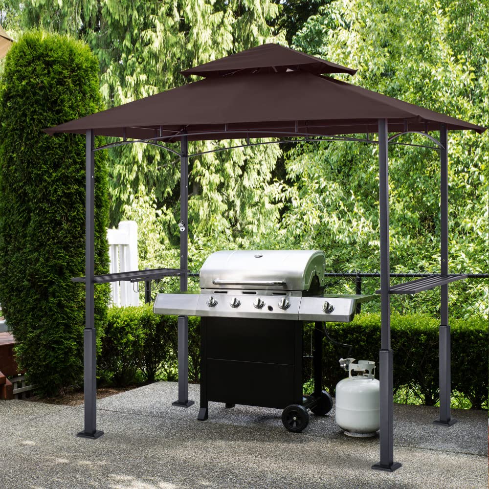 8x5 Grill Gazebo - Outdoor BBQ Canopy Shelter with Led Light for Patio Backyard Grilling (Brown)
