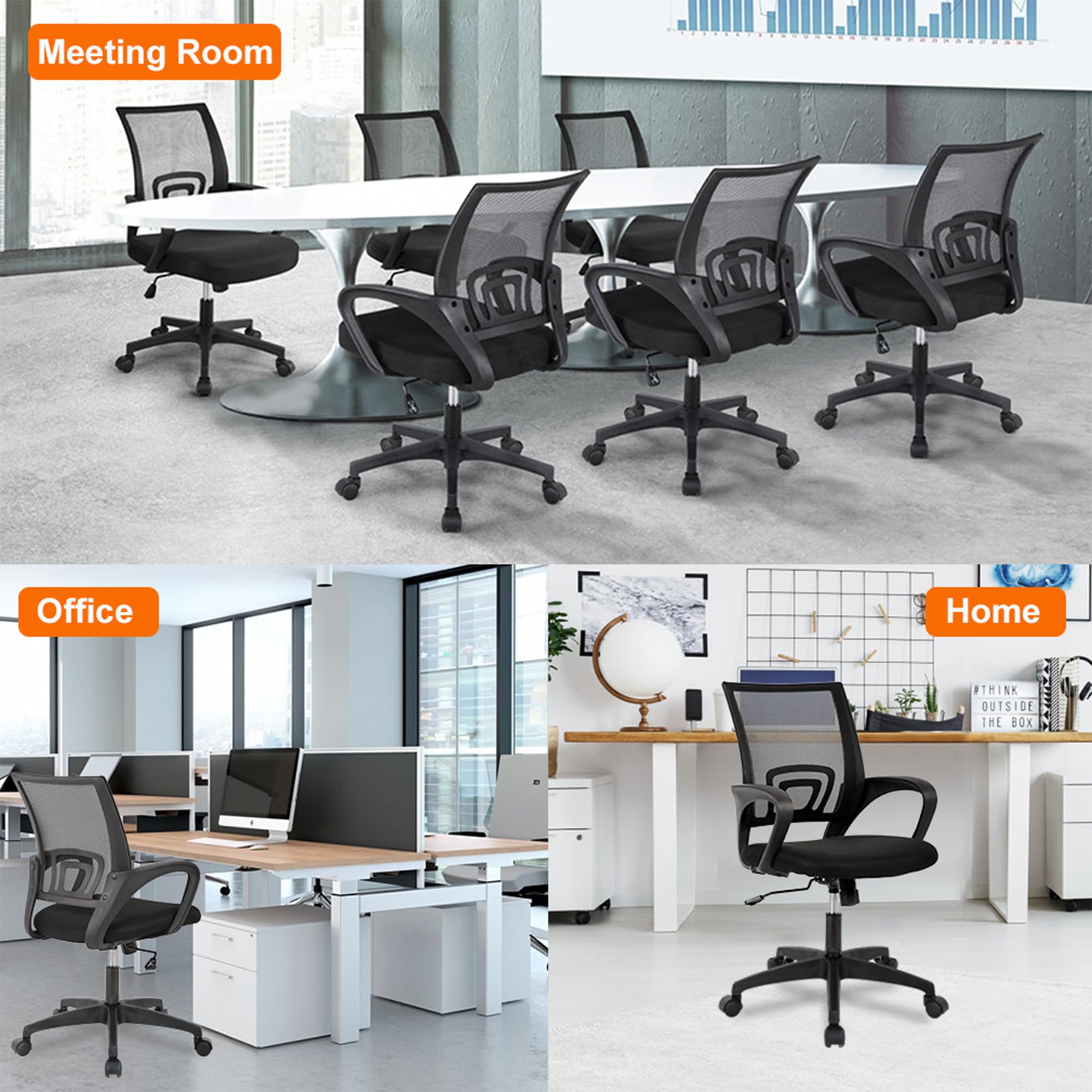 Ergonomic Office Chair | Mid-Back Swivel Desk Chair | Breathable Backrest & Lumbar Support | Adjustable Height | Sponge Seat | Rolling Wheels | Black | for Adults & Women | Pack of 2