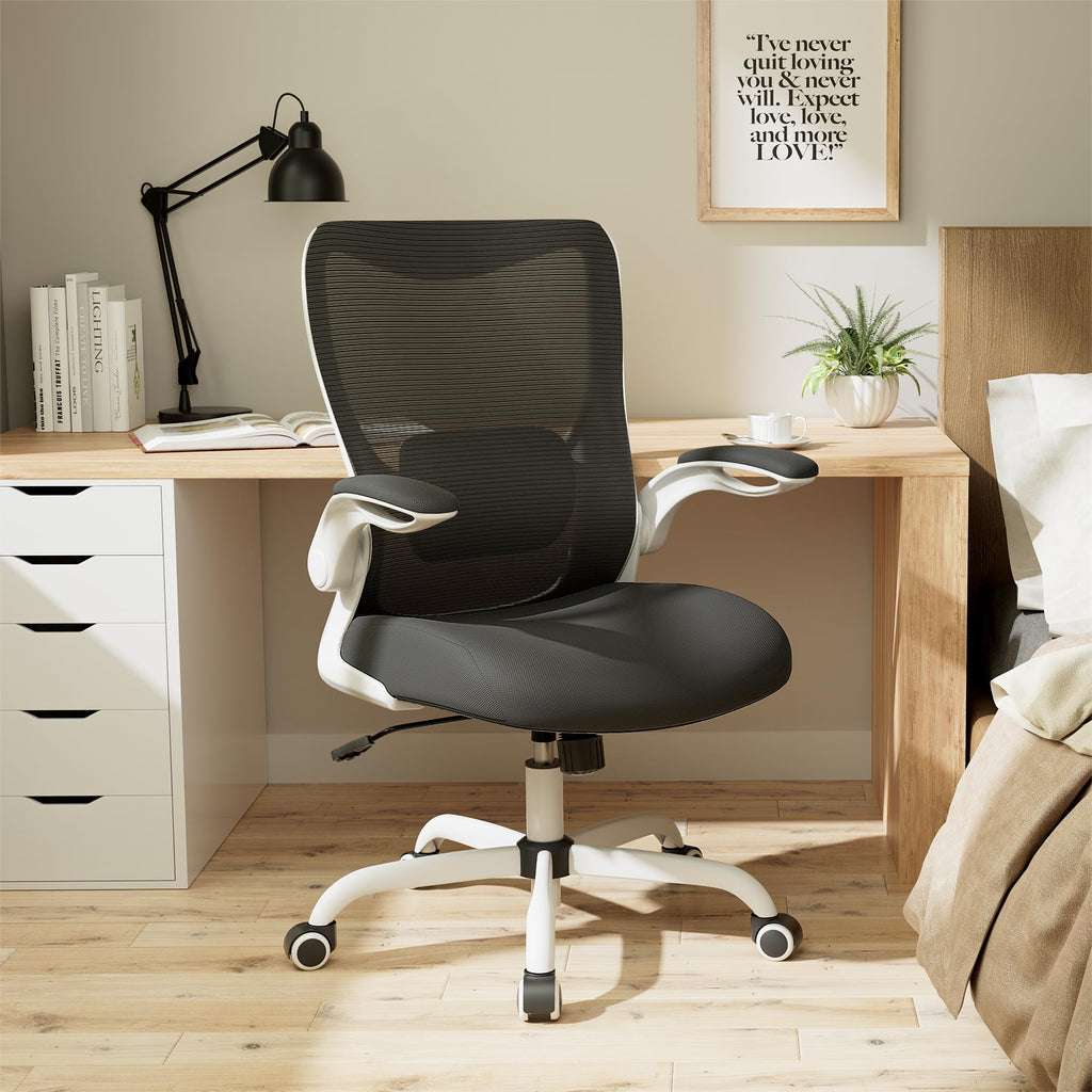 Office Chair, Ergonomic Desk Chair with Adjustable Lumbar Support and Flip up Armrest, Breathable Mesh Computer Chair for Home Office, White
