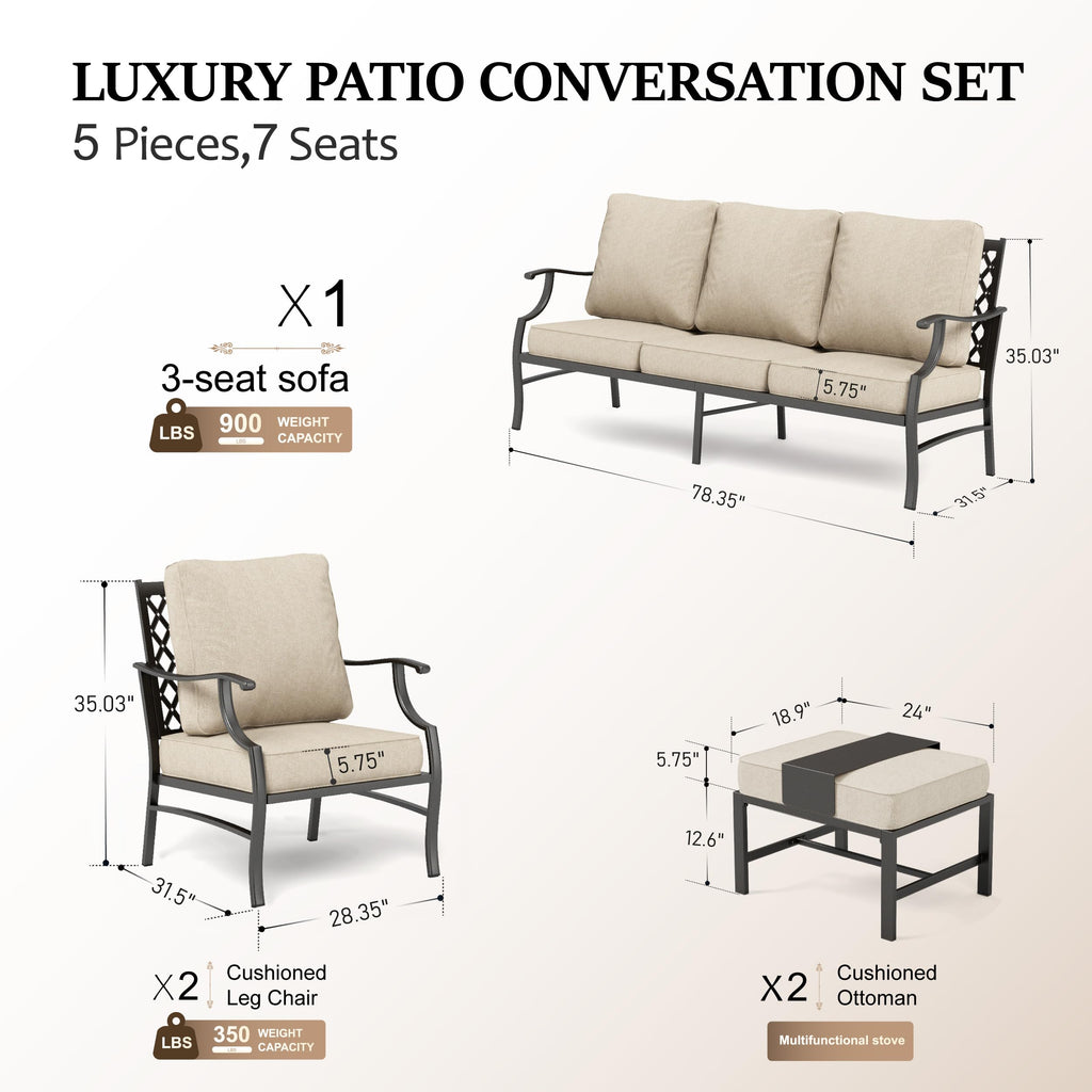 5 Piece Patio Furniture Set, 2 x Cushioned Metal Chair, 2 x Ottoman, 1 x 3-Seat Sofa, All Cushioned 7 Seats Outdoor Conversation Set for Lawn Garden Backyard