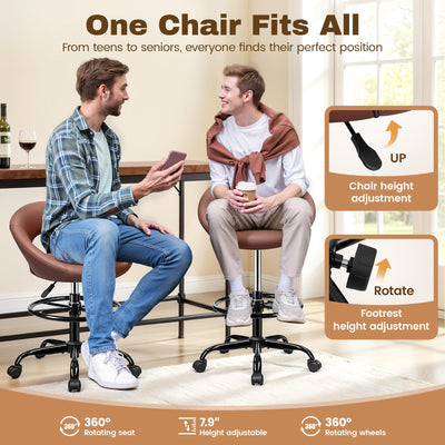 Drafting Chair with Back, Height Adjustable Rolling Stool with Foot Rest, Tall 360° Swivel Stool PU Leather Chair with Wheels for Home Office, Standing Desk, Brown