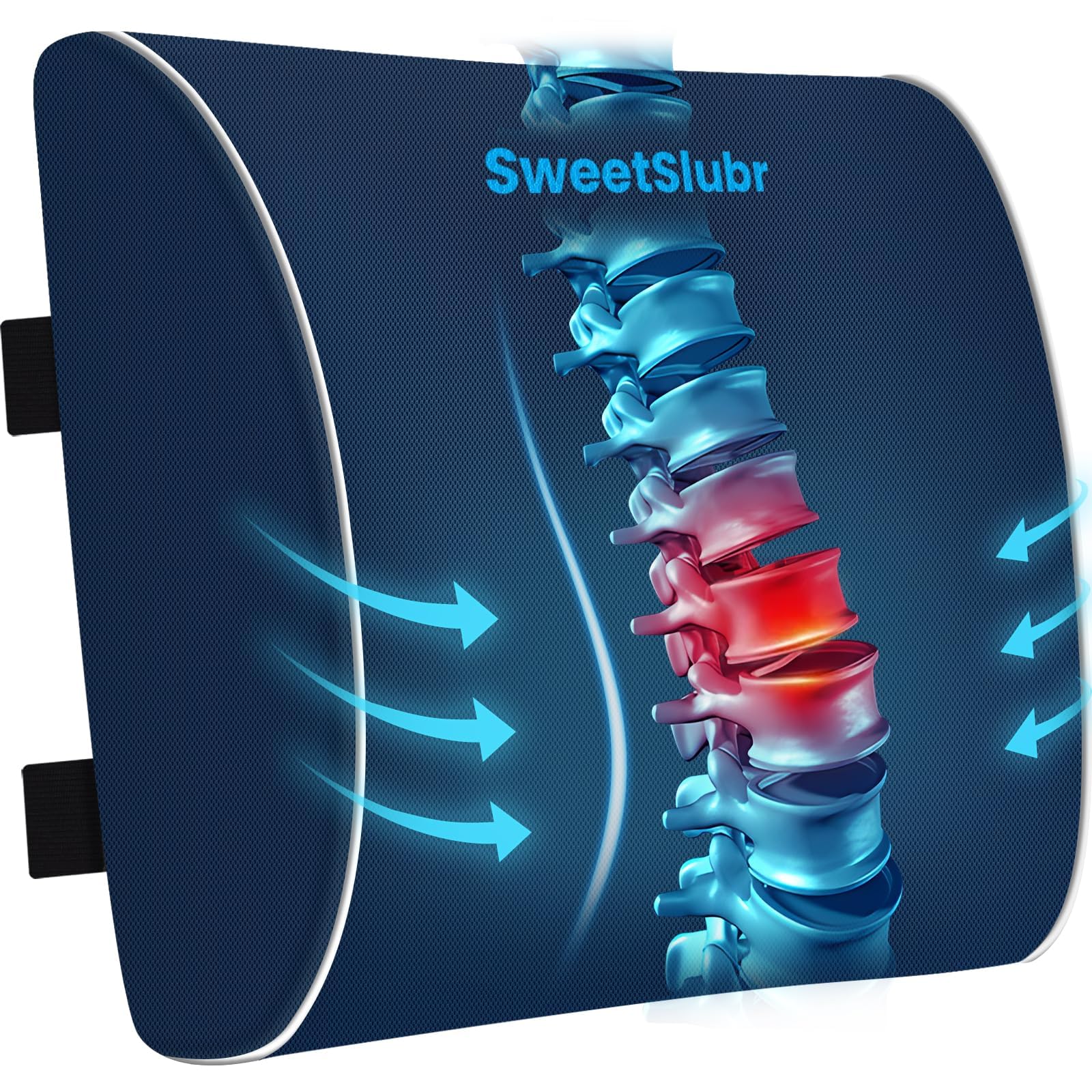 Lumbar Support Pillow for Office Chair, Car Seats and Home Desks, Ergonomic Back Support with Double Adjustable Straps, Machine Washable Cover, Blue