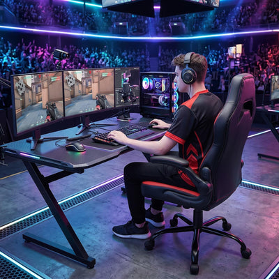Computer Gaming Chair - PU Leather Ergonomic Lumbar Support with Flip-up Armrest and 360° Swivel Wheels, Height Adjustable Task Home Office Desk Video Racing, Red