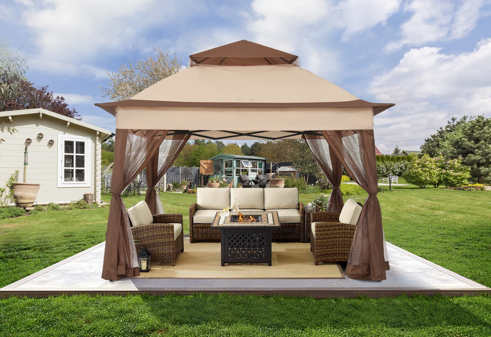 11x11 Pop Up Gazebo Tent Outdoor Canopy Patio Shelter with Mosquito Netting(Beige)