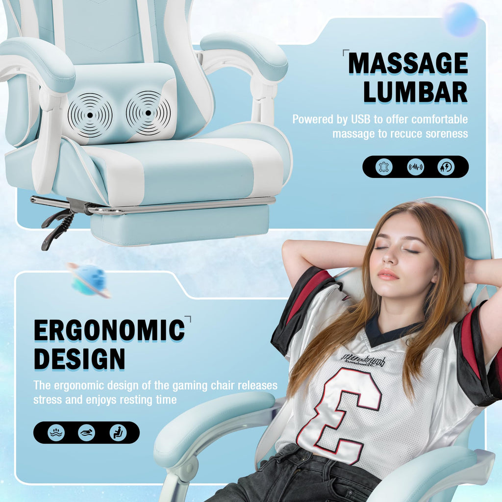 Gaming Chair, Video Game Chair with Footrest and Massage Lumbar Support, Ergonomic Computer Chair Height Adjustable with Swivel Seat and Headrest (Light Blue)