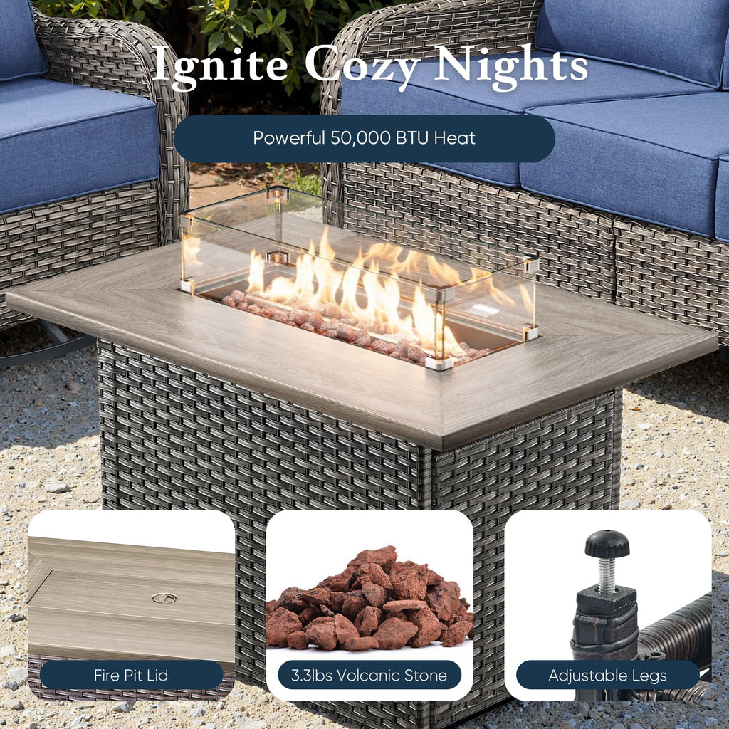 Luxury 6" Thick Cushioned Outdoor Swivel Rocker Chairs Set of 4 with Fire Pit Table, High Back Wicker Patio Furniture Set with Ergonomic Zone Back, Conversation Set for Deck Porch - Grey+Beige