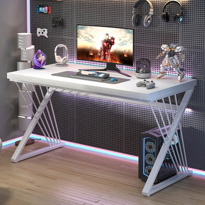 White Desk, Modern Wood and Metal Computer Desk for Home Office, Simple Writing Work PC Desks for Bedroom, Industrial Study Gaming Table for Living Room, White, 47 Inch