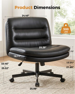 Cross Legged Office Chair with Wheels Armless Office Desk Chair, Modern Vanity Computer Task Chairs for Home Bedroom, Comfortable Wide Seat for Lower Back Pain Relief, PU Leahter, Black