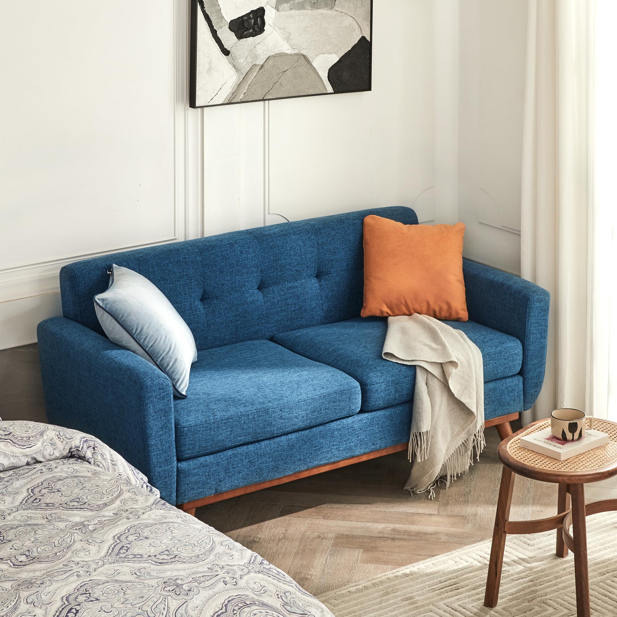 65.2" W Loveseat Sofa, Mid Century Modern Decor Love Seat Couches for Living Room, Button Tufted Upholstered Furniture, Solid & Easy to Install Small Couch for Bedroom Office Apartment, Blue