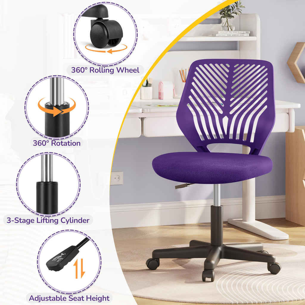 Students Cute Desk Chair Low-Back Armless Study Chair w/Lumbar Support Adjustable Swivel Chair in Home Bedroom School, Purple