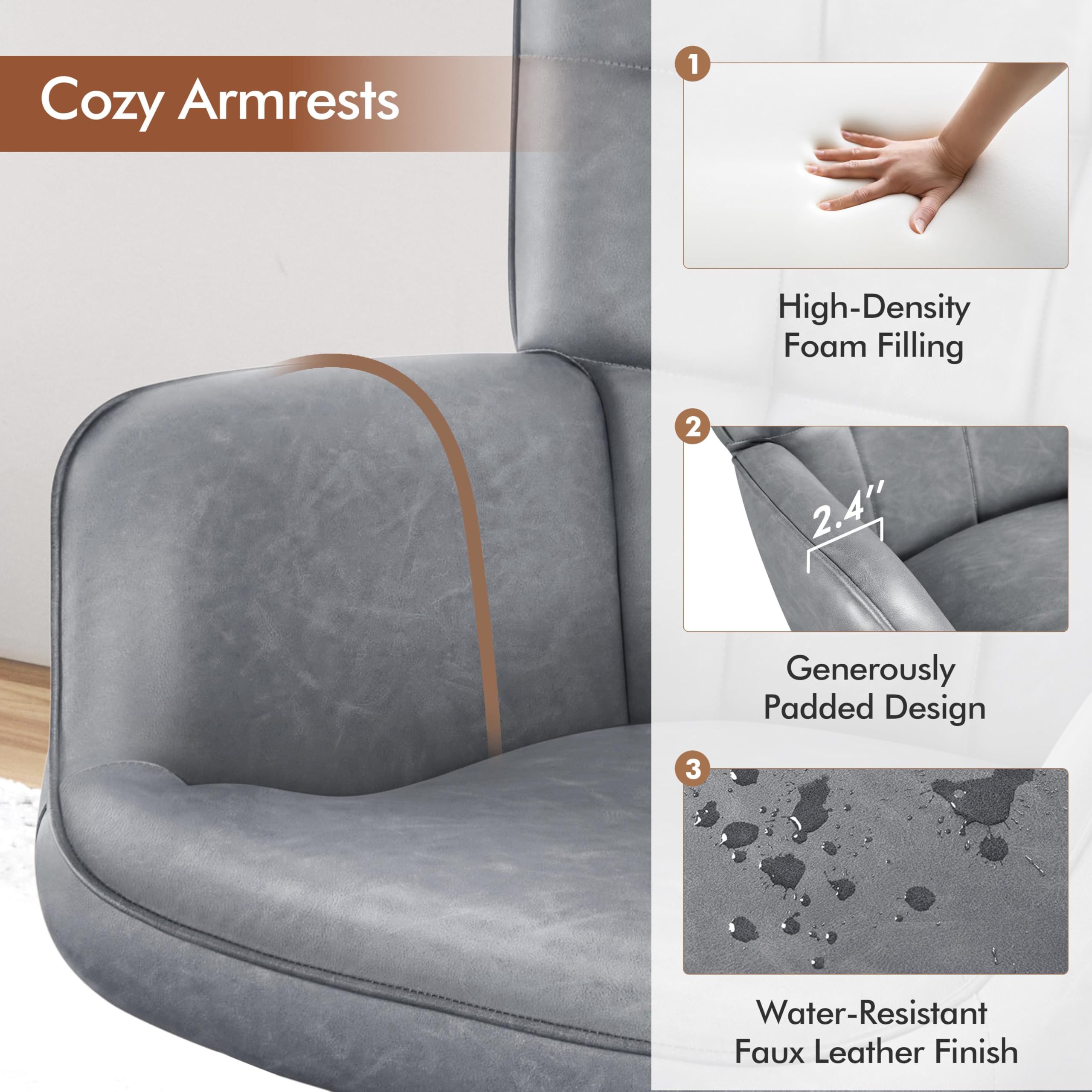 Accent Chairs, Large PU Leather High-Back Chair w/Metal Legs, Pottery Barn Style Living Room Chairs for Bedroom/Home Office, Gray, Set of 2