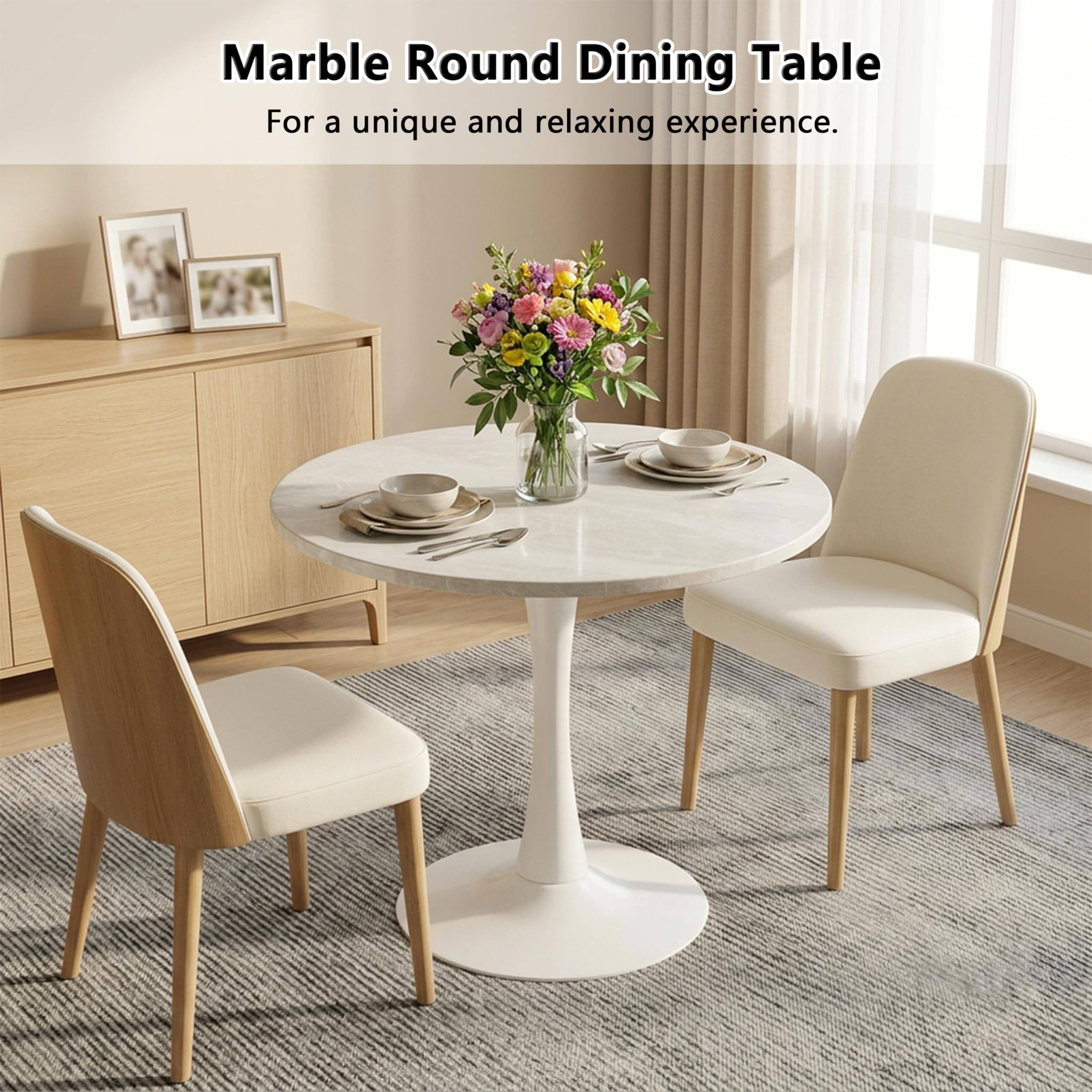 27.6" Marble Round Tulip Table, Mid-Century Modern Style Dining Table with White Pedestal Base for 2-4 People, Featuring A Marble Tabletop for Kitchen, Dining Room, Cafe (Grayish White)