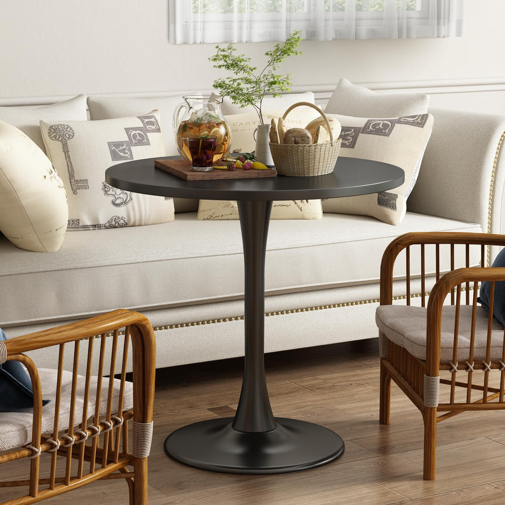 Round Dining Table 30" Circle Tulip Table with Wood Thickened Tabletop & Sturdy Metal Pedestal Mid Century Modern Leisure Bistro Kitchen Tables 4 People Small Places Living Room Cafe,Black