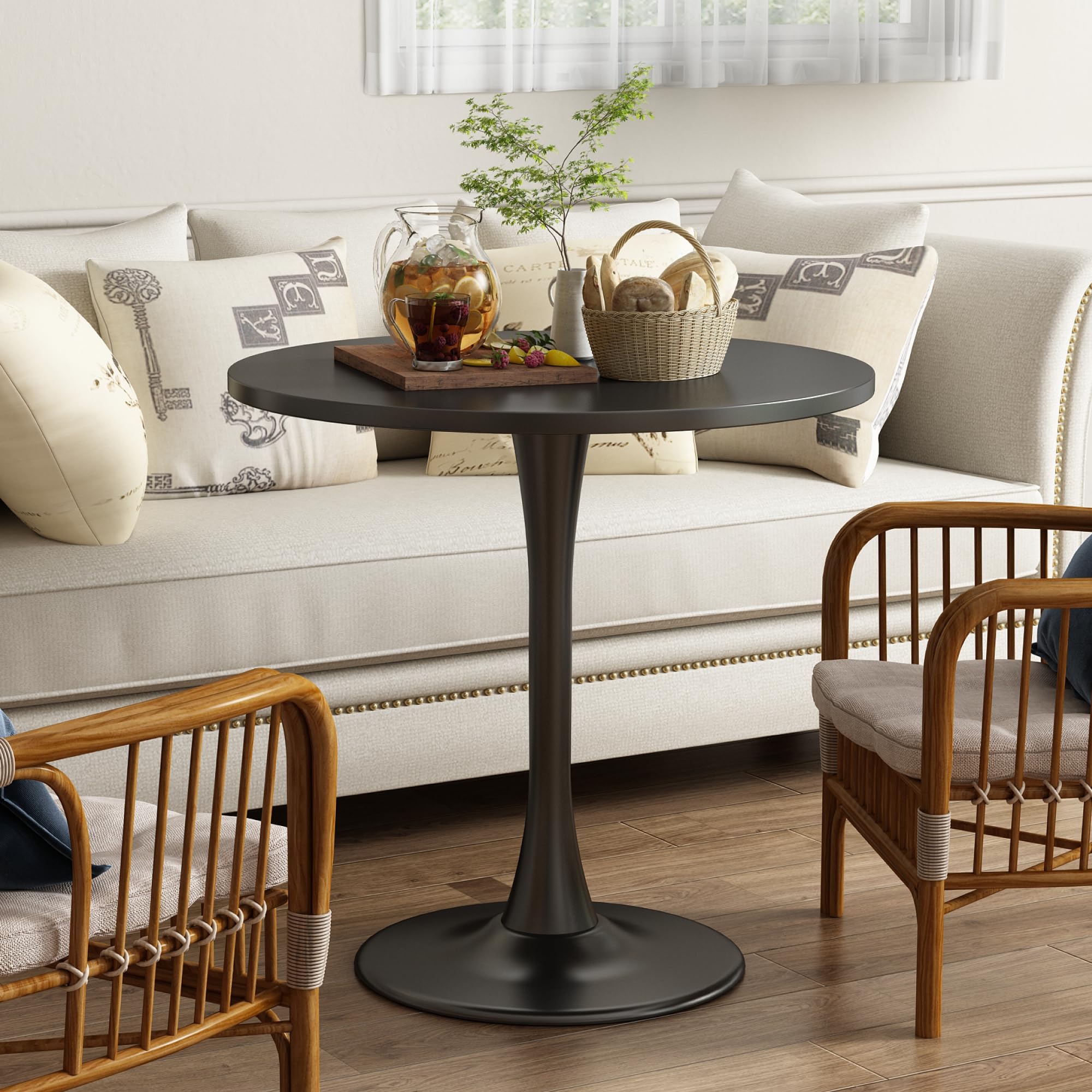 Round Dining Table 30" Circle Tulip Table with Wood Thickened Tabletop & Sturdy Metal Pedestal Mid Century Modern Leisure Bistro Kitchen Tables 4 People Small Places Living Room Cafe,Black
