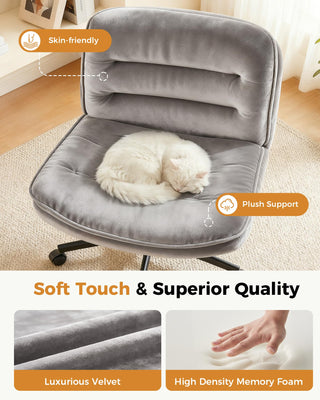 Criss Cross Office Chair with Wheels Armless Desk Chair Comfy, Modern Vanity Chair for Home Bedroom, Comfortable Wide Seat for Lower Back Pain Relief, Soft Velvet, Gray