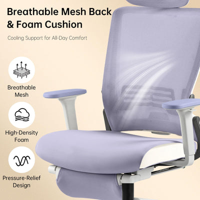 Foldable Office Chair with Foot Rest, Ergonomic Office Chair with Adjustable Lumbar Support, Headrest, Armrest, Home Office Desk Chair for Space Saving, Work from Home, Purple