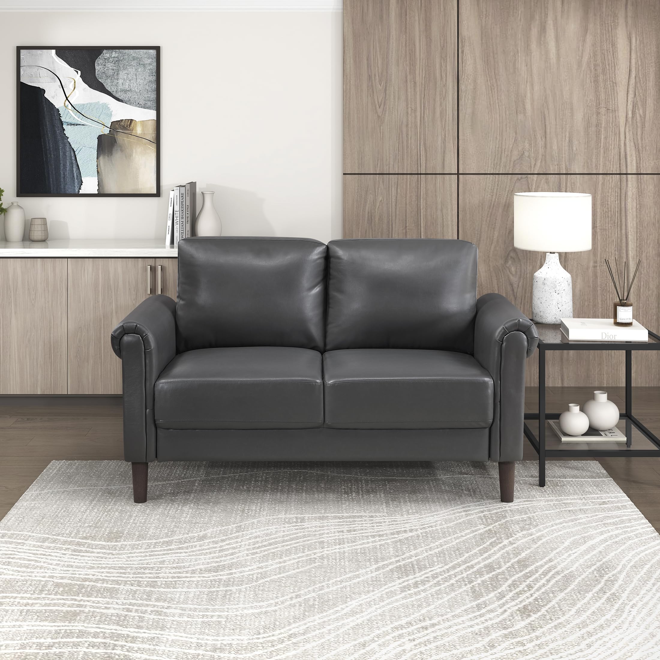 57" W Loveseat, Faux Leather Upholstered Couch, Loveseat with Rolled Armrest for Bedroom/Office/Waiting Room, 2 Seater Couch, Dark Gray