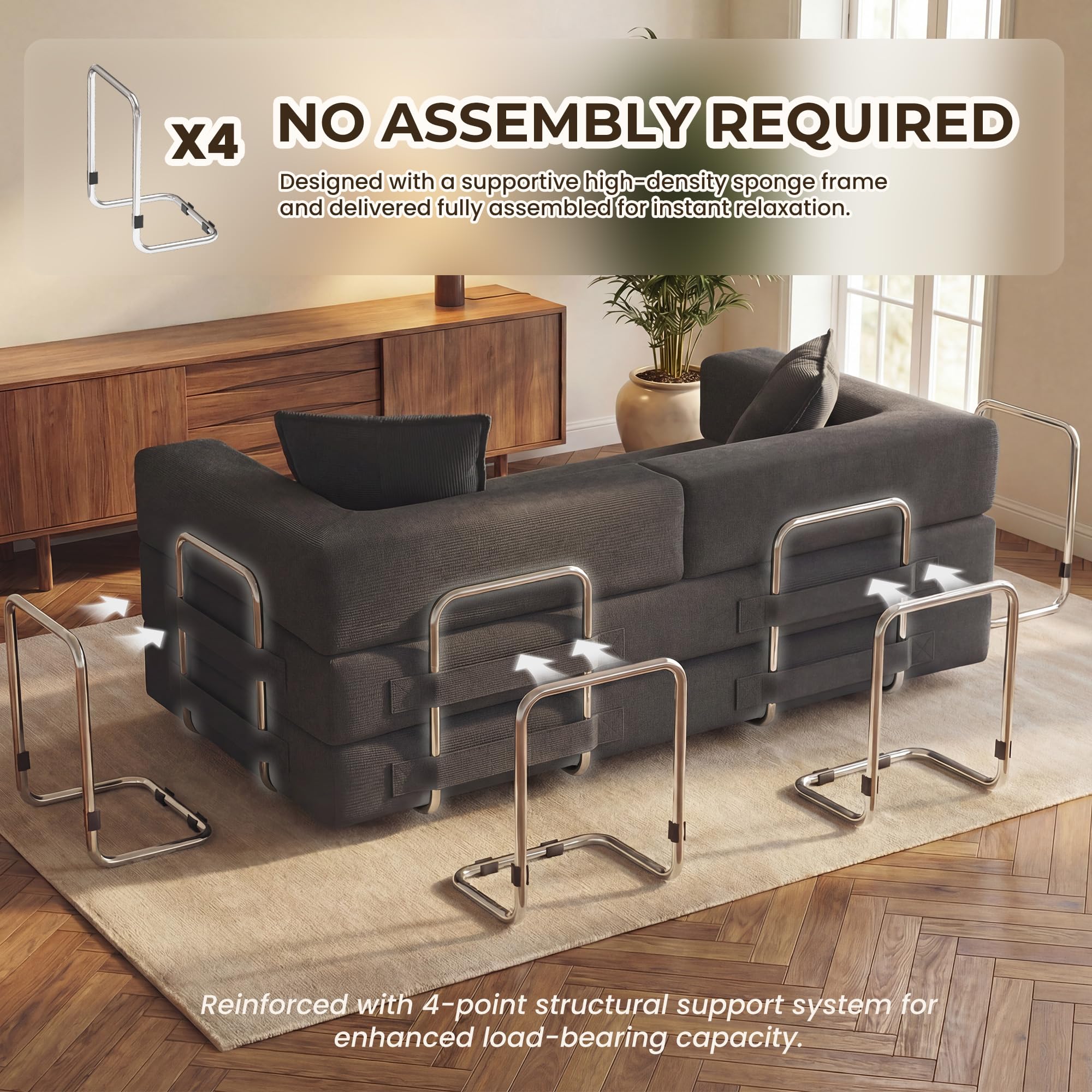 78 Inch Convertible Sofa Bed, 5-in-1 Futon Sofa Bed Pull Out Couch, Boneless Couch Bed for Living Room, Corduroy Boneless Couches for Bedroom, Apartment, No Assembly Sleeper Sofa Bed, Gray