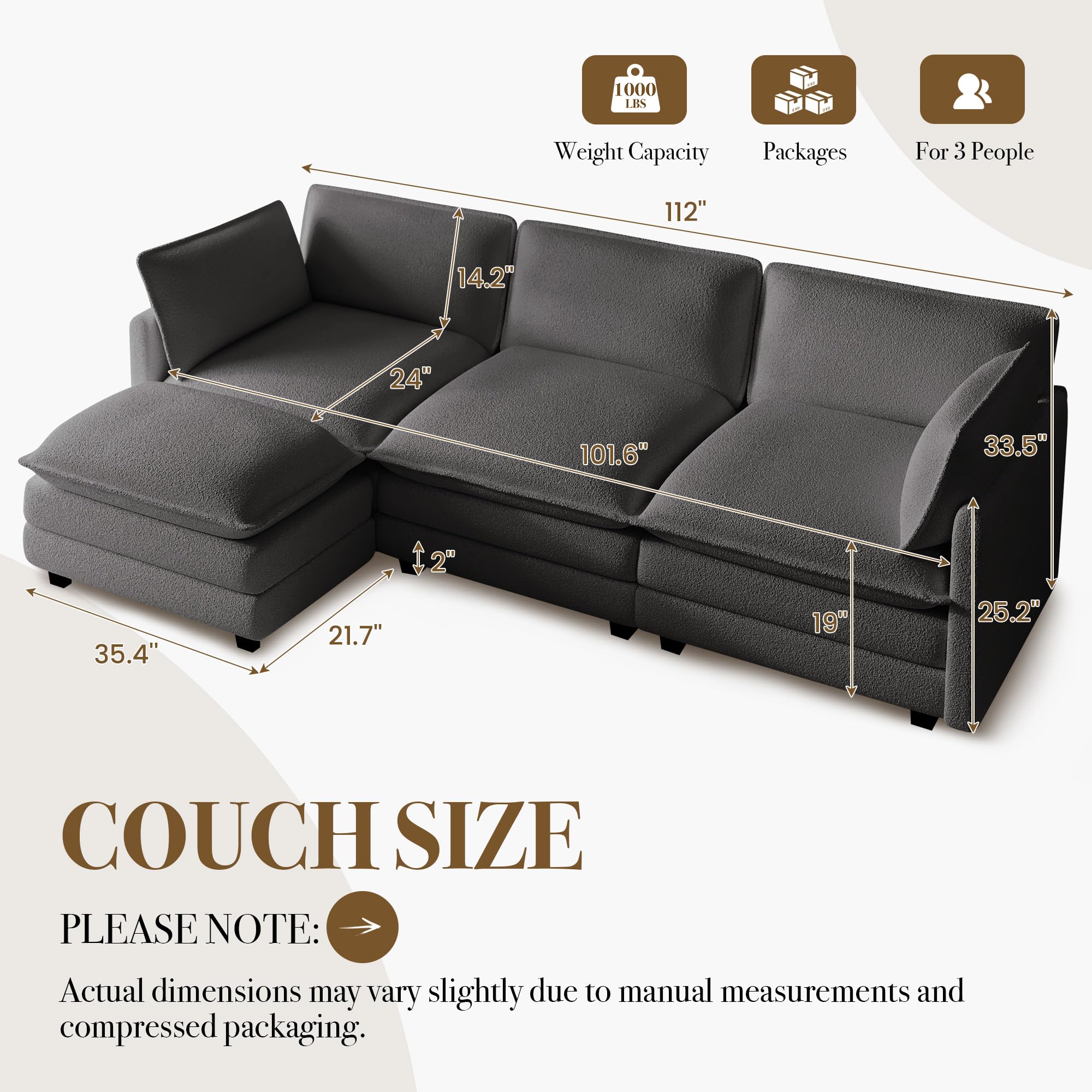 112'' Sectional Cloud Couch with Movable Ottoman, 4 Seat Modern Chenille Modular Sofa with 2 Throw Pillows, Deep Seat L Shaped Couch for Living Room Bedroom Apartment, Dark Grey