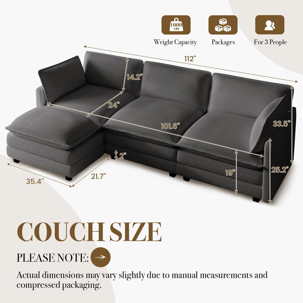 112'' Sectional Cloud Couch with Movable Ottoman, 4 Seat Modern Chenille Modular Sofa with 2 Throw Pillows, Deep Seat L Shaped Couch for Living Room Bedroom Apartment, Dark Grey