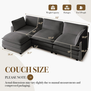 112'' Sectional Cloud Couch with Movable Ottoman, 4 Seat Modern Chenille Modular Sofa with 2 Throw Pillows, Deep Seat L Shaped Couch for Living Room Bedroom Apartment, Dark Grey