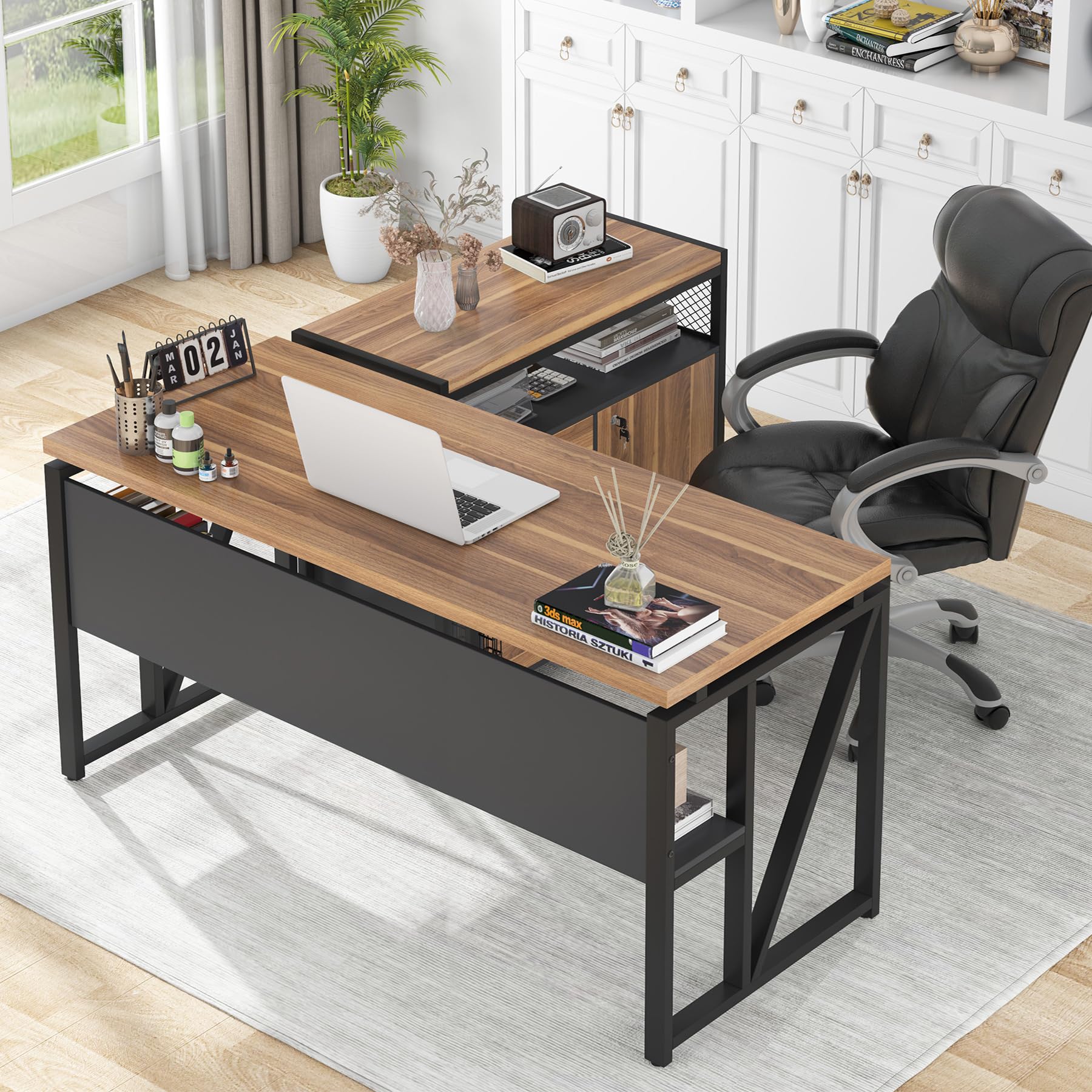 55-inch L Shaped Desk with Drawer Cabinet, Executive Computer Desk and lateral File Cabinet, 2 Piece Home Office Furniture with Drawers for Hanging File, Doors with Locks (Brown, 55 inches)