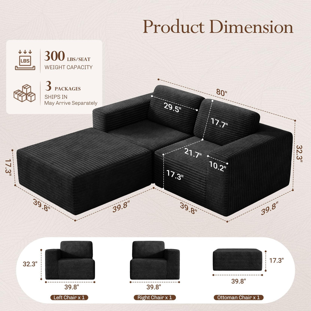 80" Modular Sectional Sofa, Corduroy Cloud Couch with Deep Seats & Spring Support, Compact 2 Seater Boneless Couch, L-Shaped Modular Sofa for Small Spaces, Apartments, No Assembly, Black