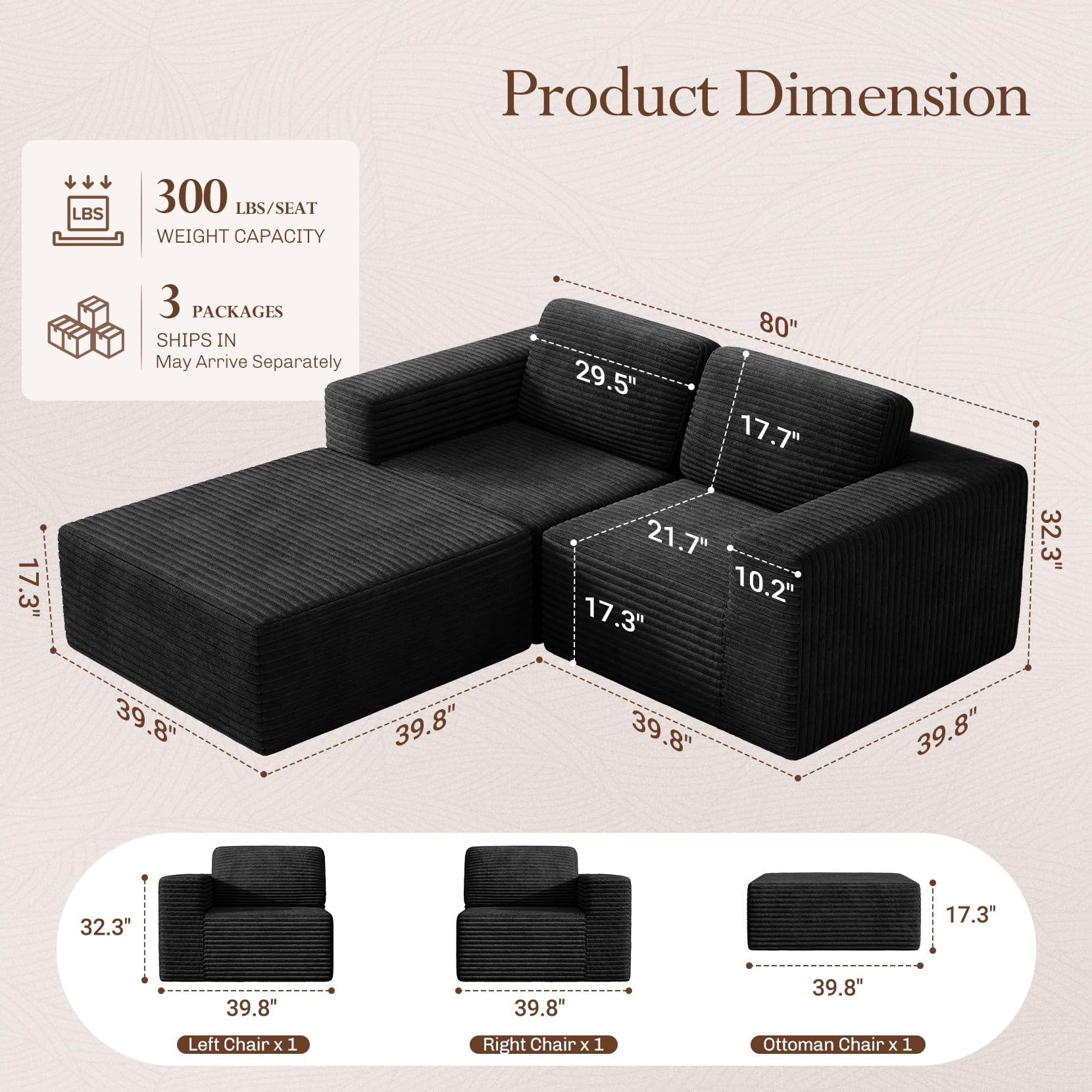 80" Modular Sectional Sofa, Corduroy Cloud Couch with Deep Seats & Spring Support, Compact 2 Seater Boneless Couch, L-Shaped Modular Sofa for Small Spaces, Apartments, No Assembly, Black