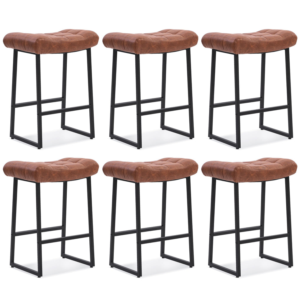 Modern Bar Stools Set of 6 for Kitchen Counter 24 inch Counter Height Backless Barstools with Upholstered Faux Leather Saddle Seat and Metal Frame Industrial Bar Chairs, Brown