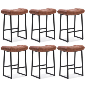 Modern Bar Stools Set of 6 for Kitchen Counter 24 inch Counter Height Backless Barstools with Upholstered Faux Leather Saddle Seat and Metal Frame Industrial Bar Chairs, Brown