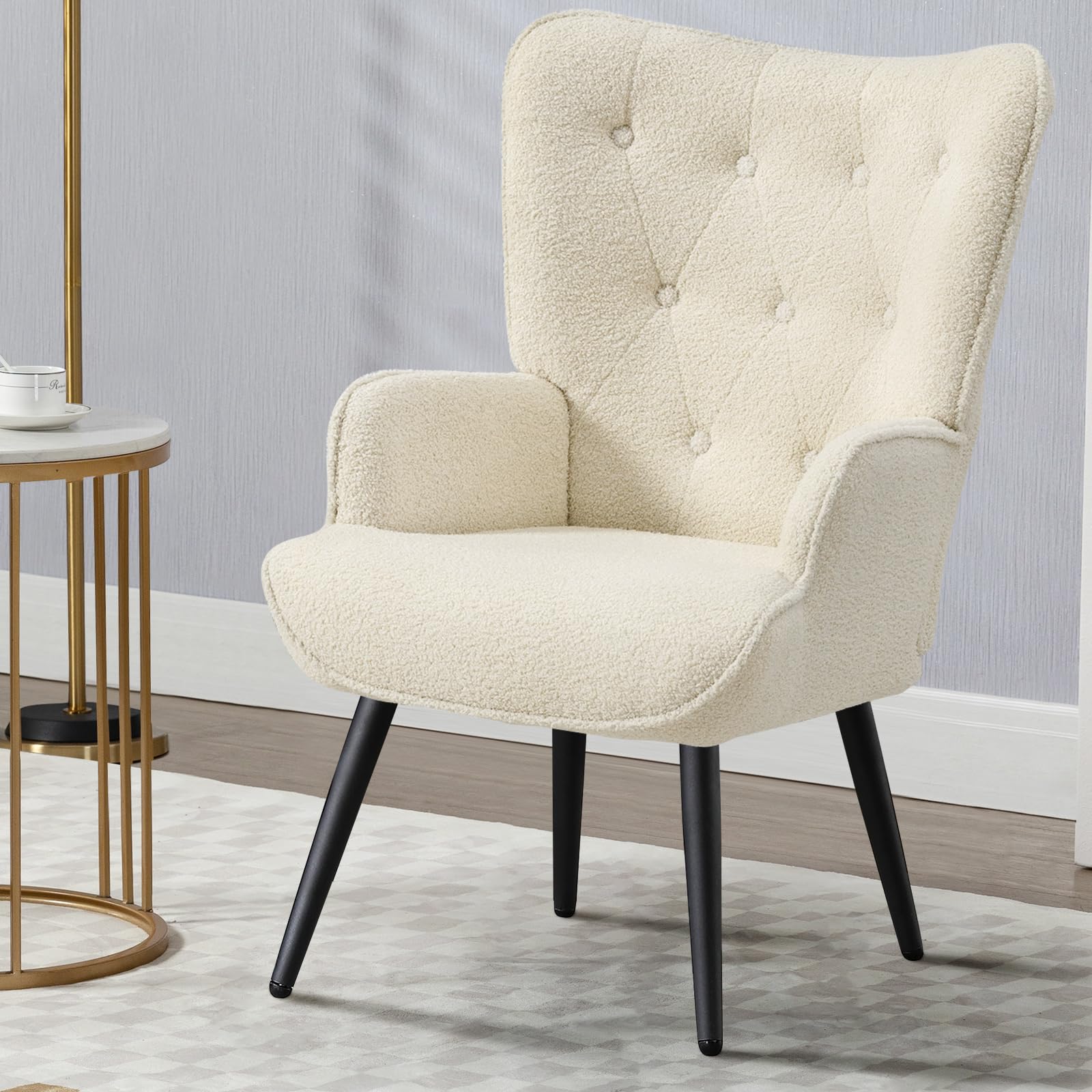 Boucle Accent Chair for Living Room, Upholstered Reading Chair with High Backrest, Tufted-Button Wingback Armchair for Bedroom, Dressing Room, Home Office, Ivory White, Set of 2