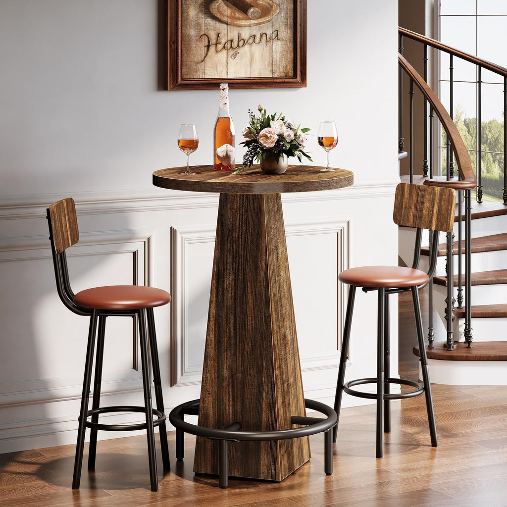 Bar Table Set of 2, 37.4" High Round Pub Table for Small Bars, Dining Room, Kitchen, Rustic Brown (Only Table)