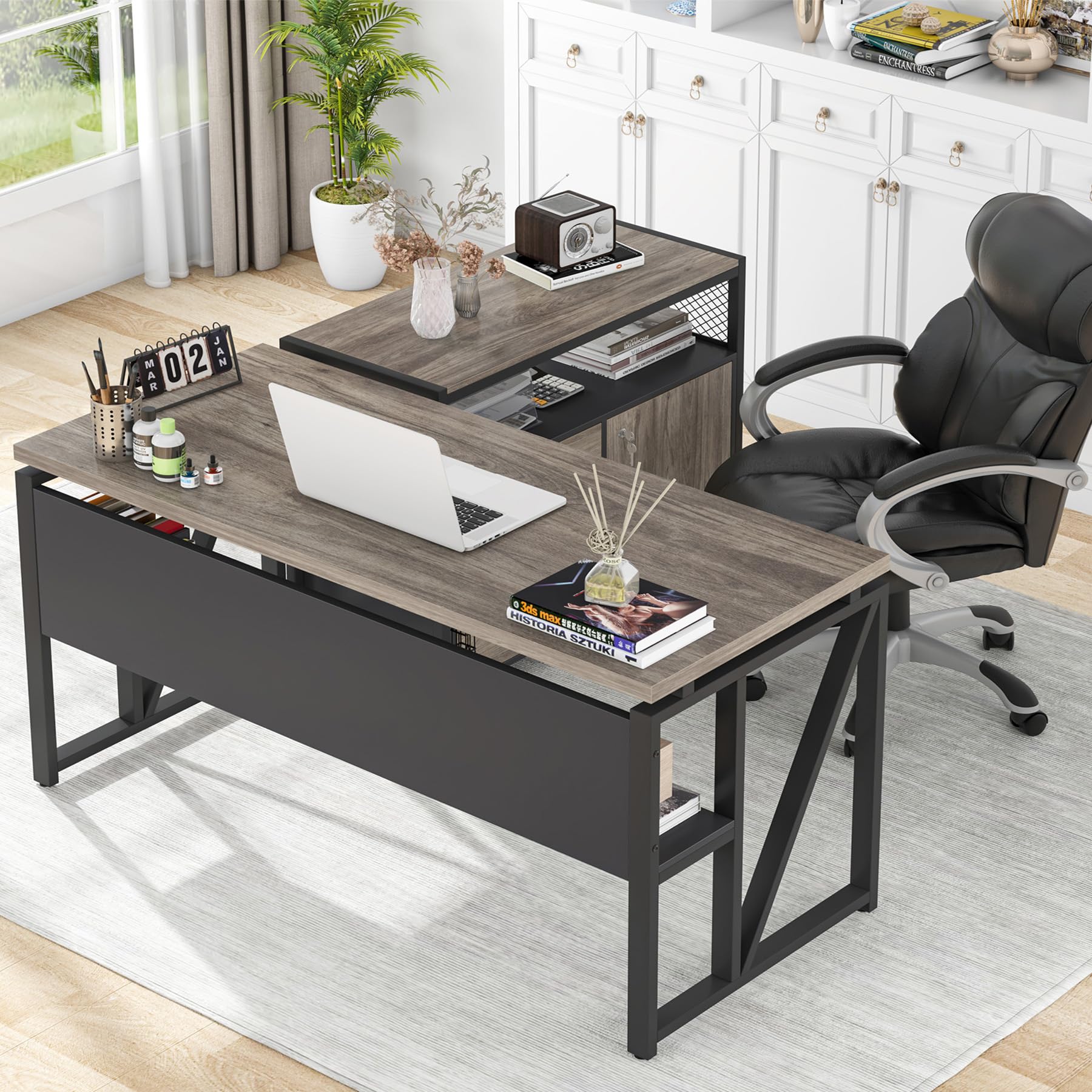 L Shaped Desk with Drawer Cabinet, 55" Executive Computer Desk and lateral File Cabinet, 2 Piece Home Office Furniture with Drawers for Hanging File, Doors with Locks (Gray, 55 inches)