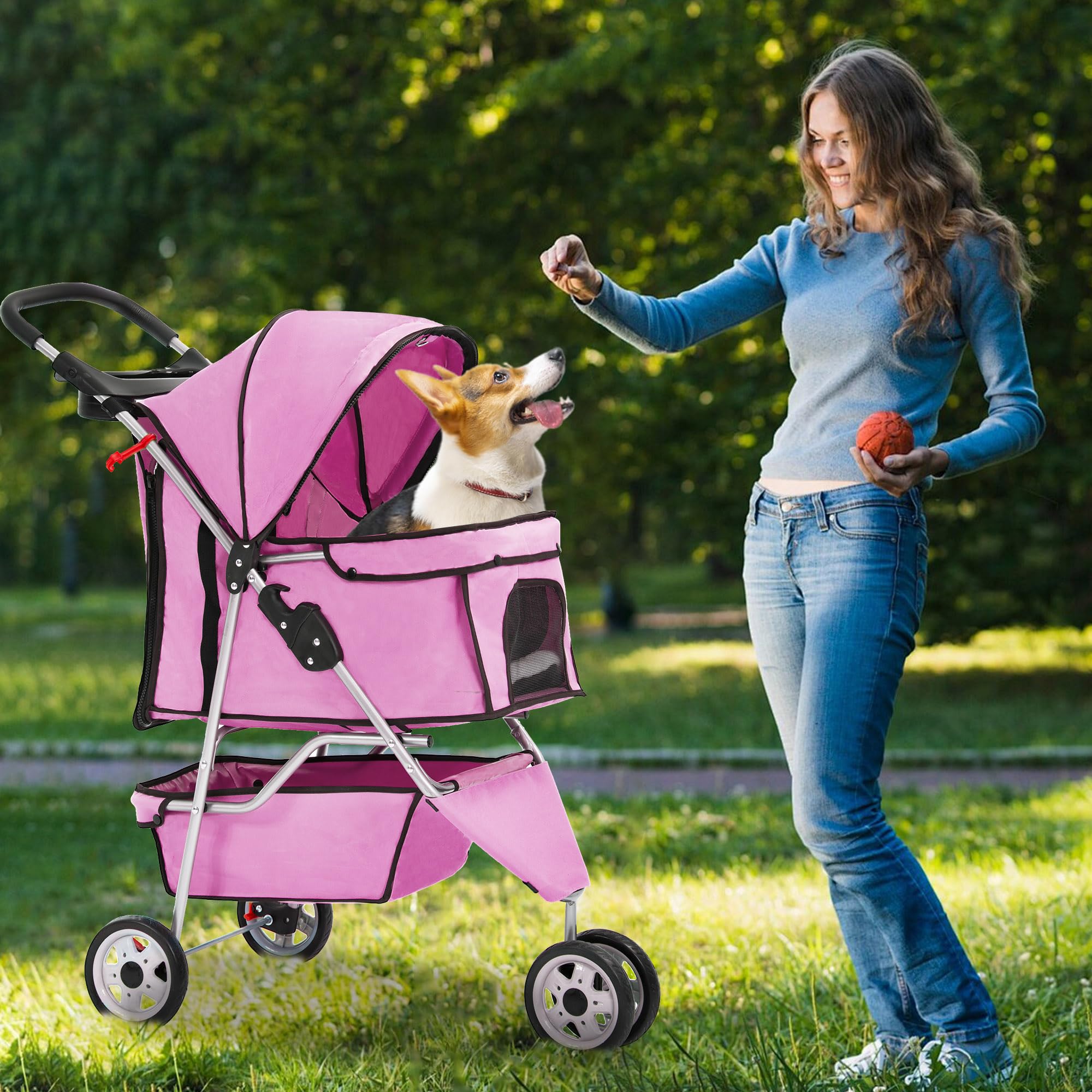 3-Wheel Pet Stroller Foldable Dog Cat Jogger Stroller Durable Travel Folding Carrier with Storage Basket Cup Holder,Peach Pink