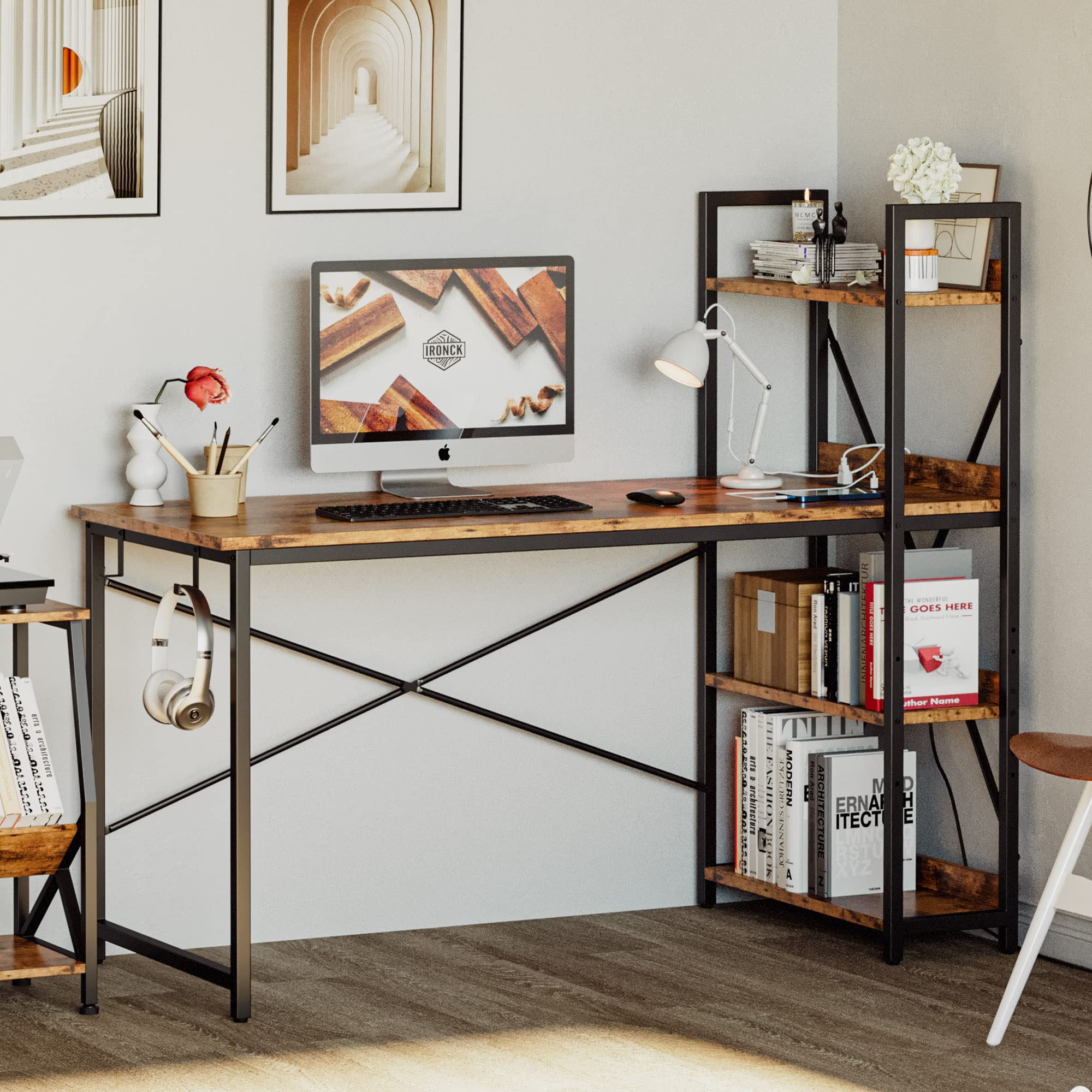 Computer Desk 55" with Power Outlet and Storage Shelves, Study Writing Table with USB Ports Charging Station, PC Desk Workstation for Home Office, Rustic Brown