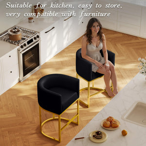 Modern Counter Height Bar Stools,Bar Stools Set of 2,PU Leather Upholstered Barrel Barstools with Backs,26'' Kitchen Island Chairs,Metal Gold Frames,Black Leather