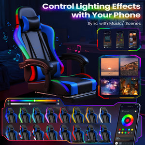 Gaming Chair, Video Game Chair with Footrest and Massage Lumbar Support, Ergonomic Computer Chair Height Adjustable with Swivel Seat and Headrest (RGB Blue)