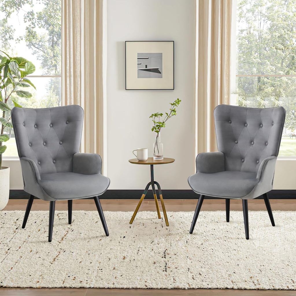 Modern Accent Chair, Velvet Tufted Button Wingback Chair Upholstered Side Armchair Comfy Lounge Chair with Tapered Legs Sofa Leisure Chair for Home Office/Living Room/Bedroom, Grey