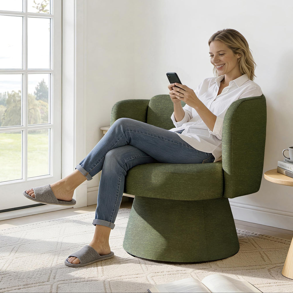 Swivel Barrel Chair,360° Accent Chairs with Round Backrest,Upholstered Lounge Chair for Vanity,Living Room,Bedroom,Reading Nook,Green