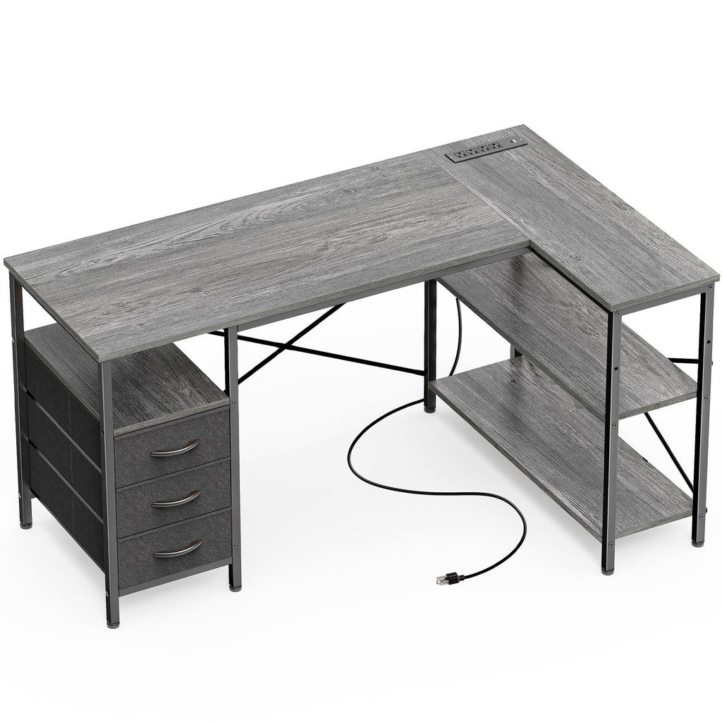 L Shaped Office Desk with Power Outlets, 47 Inch Computer Desk with 3 Drawers, Shelves, for Gaming, Corner Work, Home Office, Study, Grey